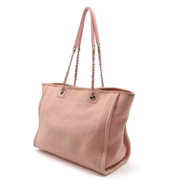 Authentic CHANEL CC Deauville Tote MM Pink White Canvas Chain Shoulder Bag - Picture 2 of 8